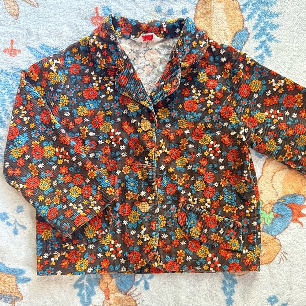 Vintage 70s Kids Corduroy Jacket 6X Floral Button Up Boho Cottagecore